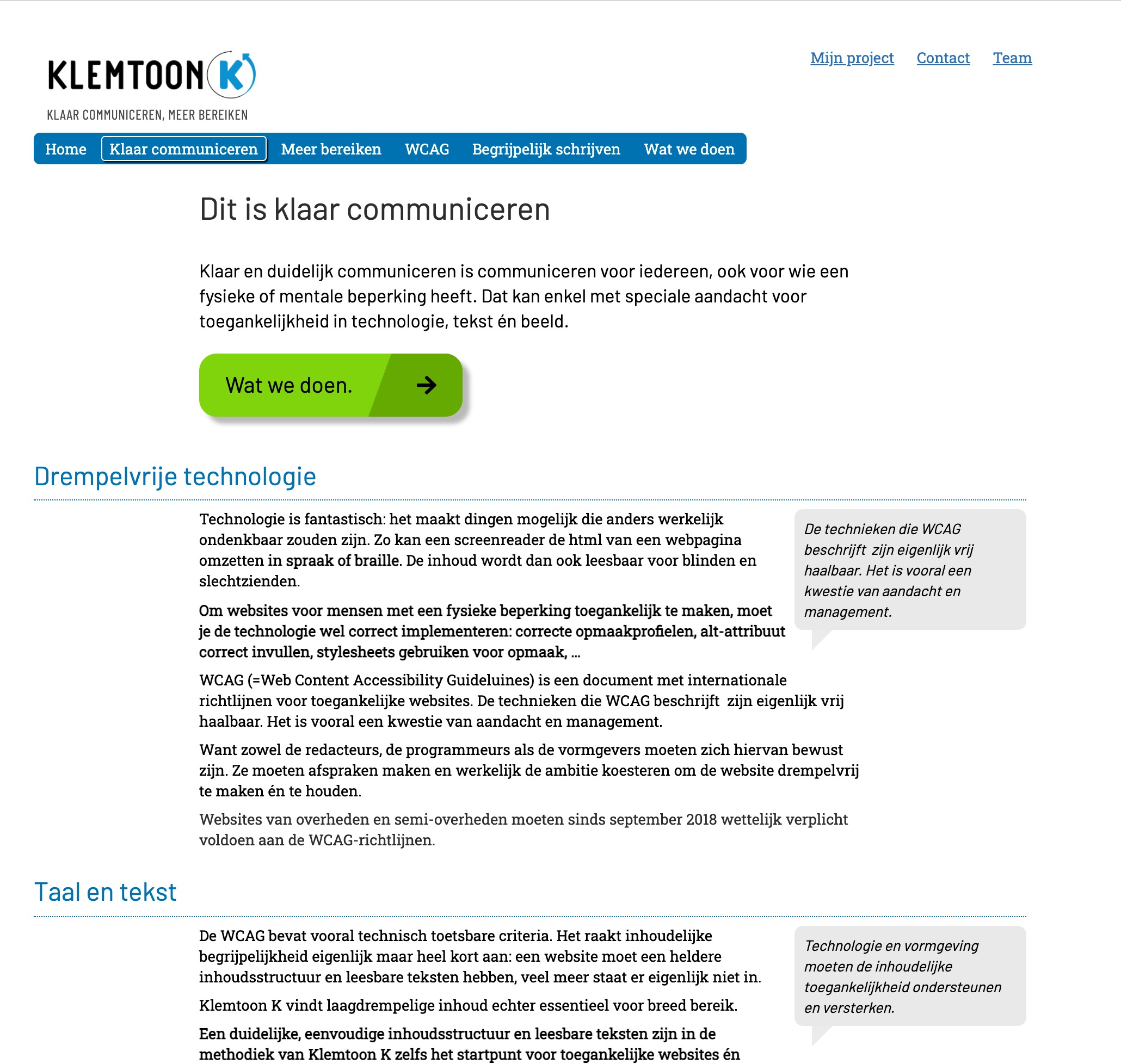 Screenshot van de website van Klemtoon K